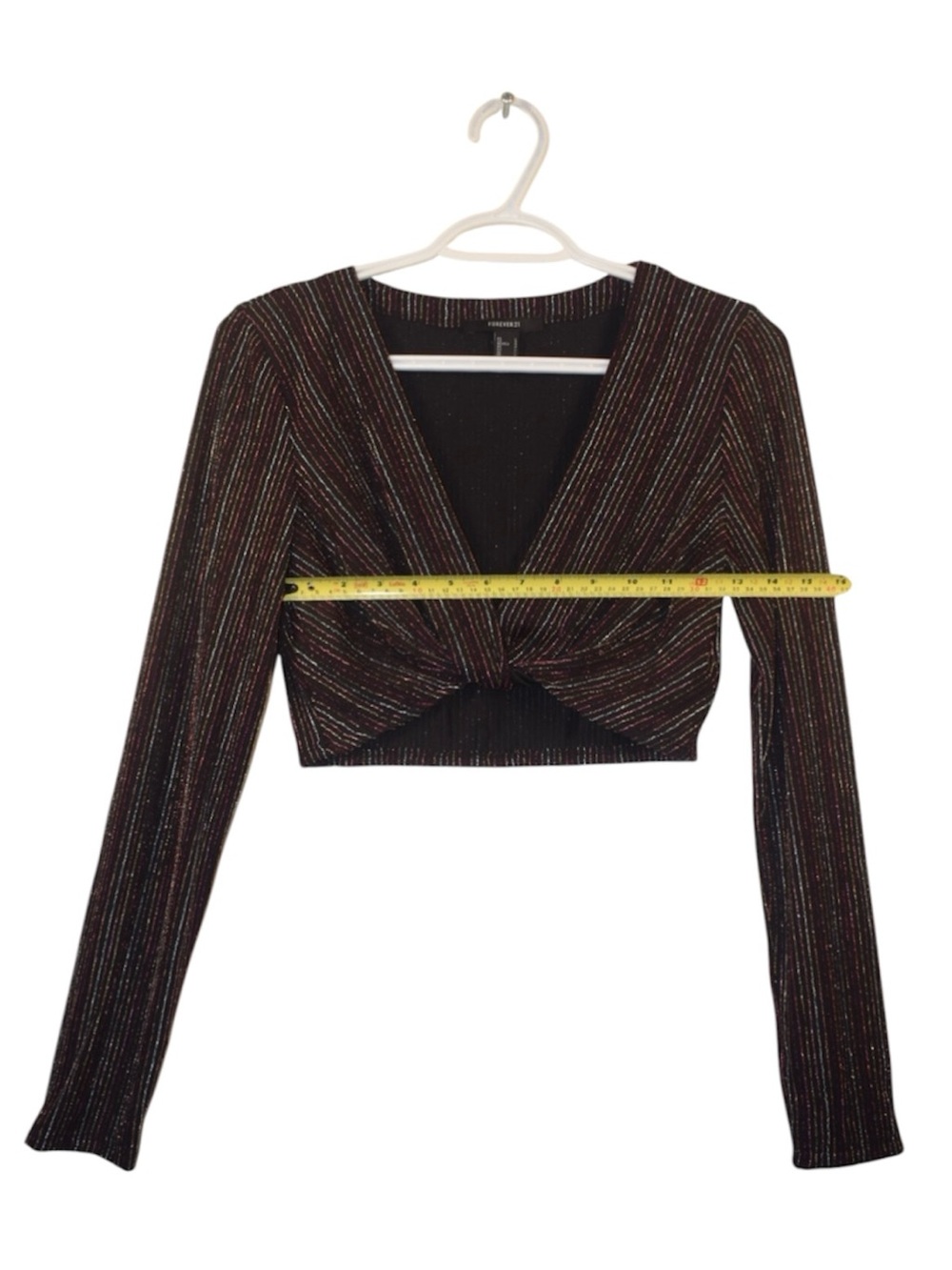 Forever 21 Black Glitter Stripe Twist-Front Long Sleeve Crop Top - Picture 3 of 7